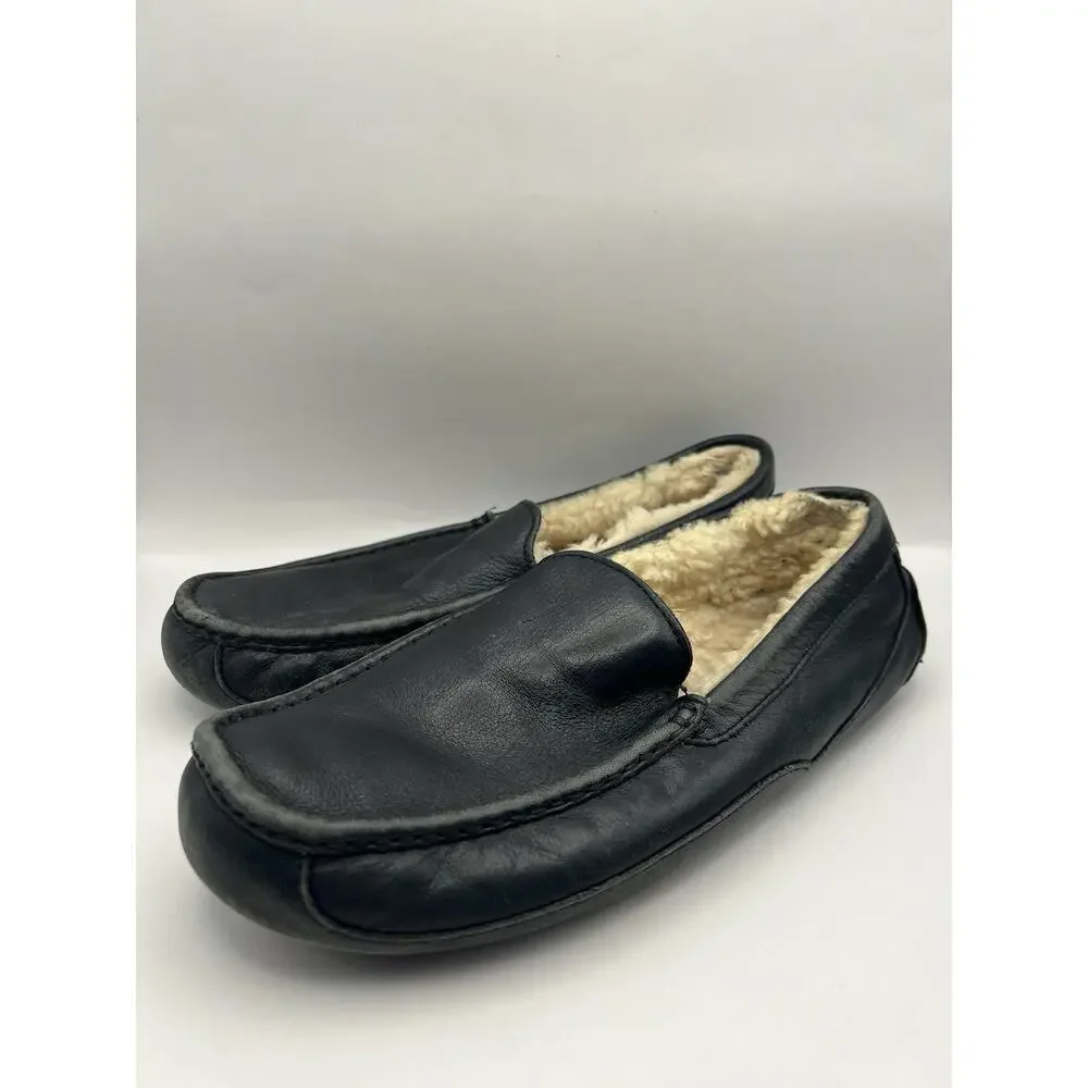 Ugg Ascot Black Leather Slippers Men Size 10